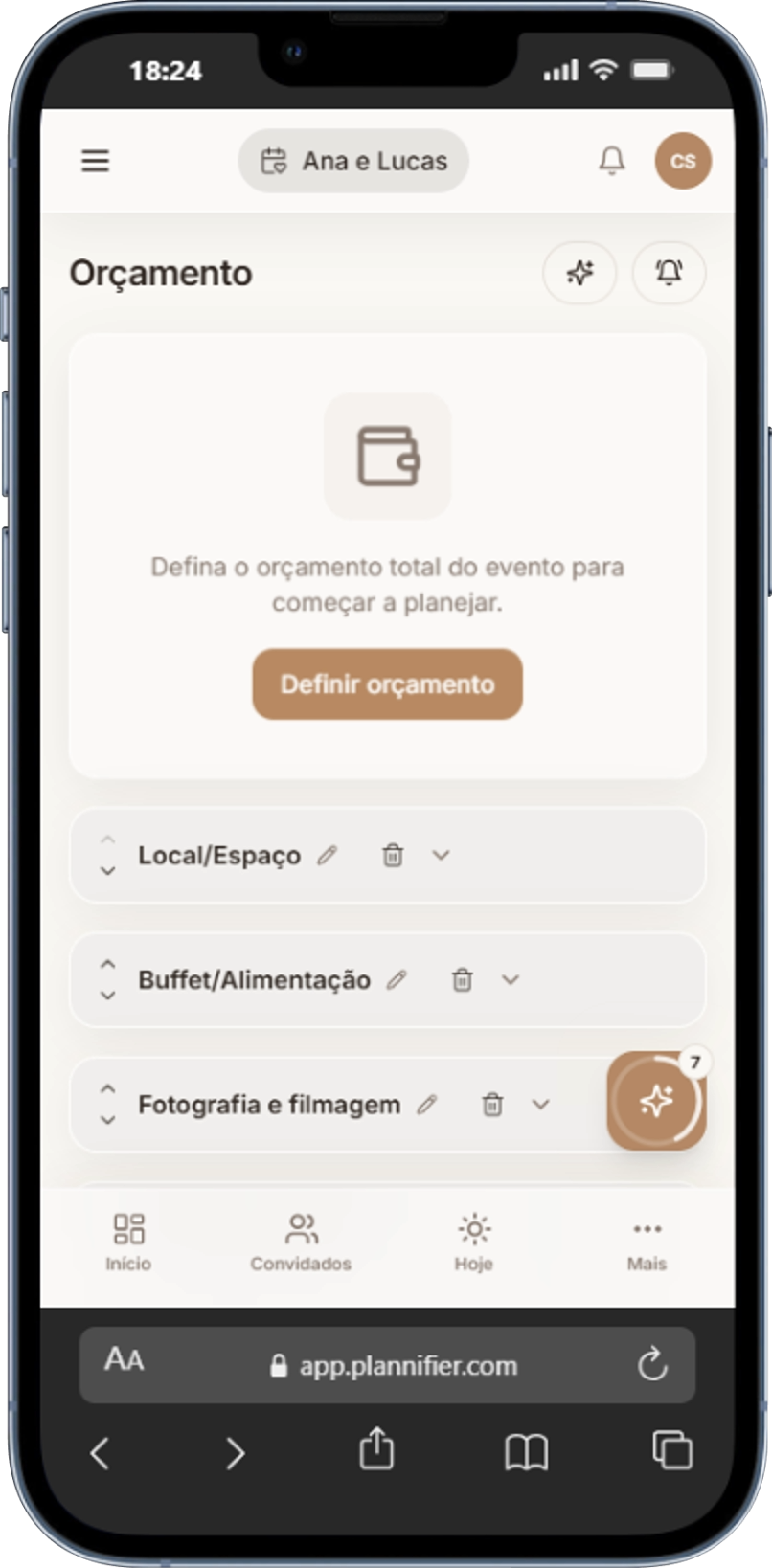 Interface do Orçamento no Plannifier