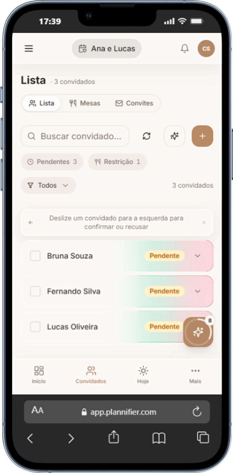 Interface do Convidados e RSVP no Plannifier